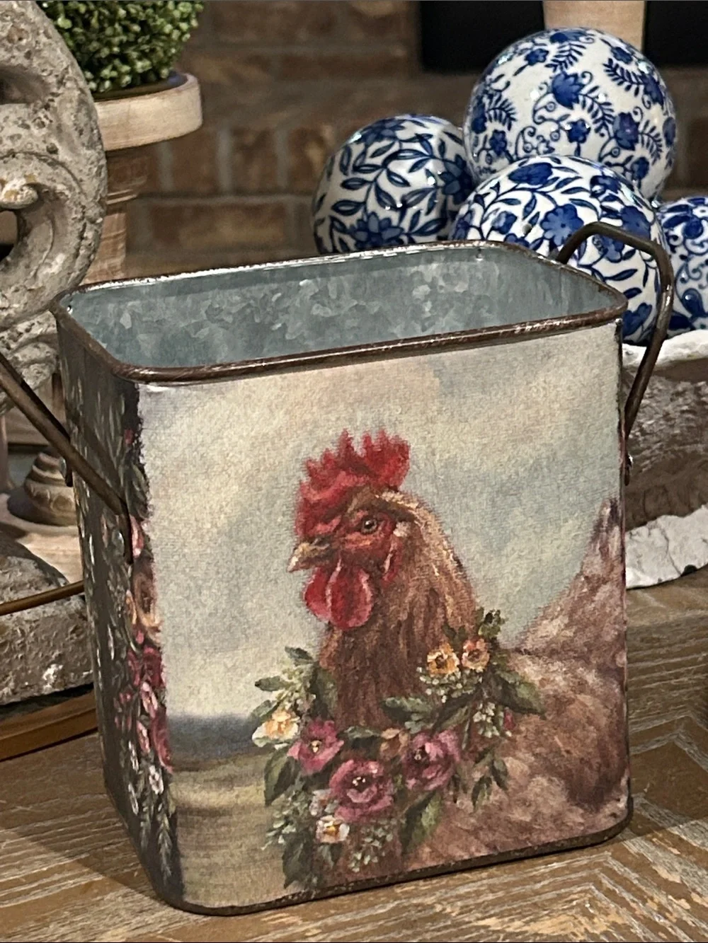 NEW! Vintage Inspired Bohemian Farmhouse Rooster Galvanized Black Metal Bucket
